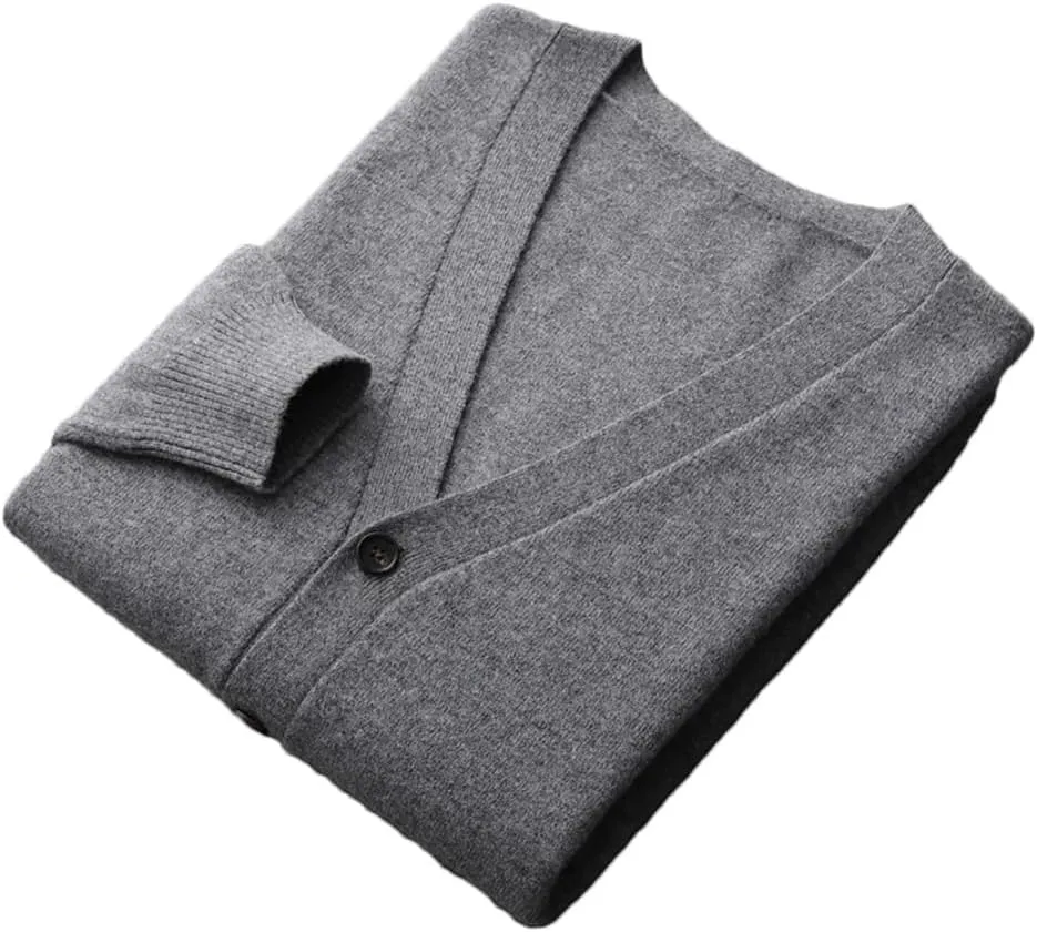 100% Merino Wool V Neck Sweater Coat Men's Solid Color Business Casual Cardigans Button Jumper