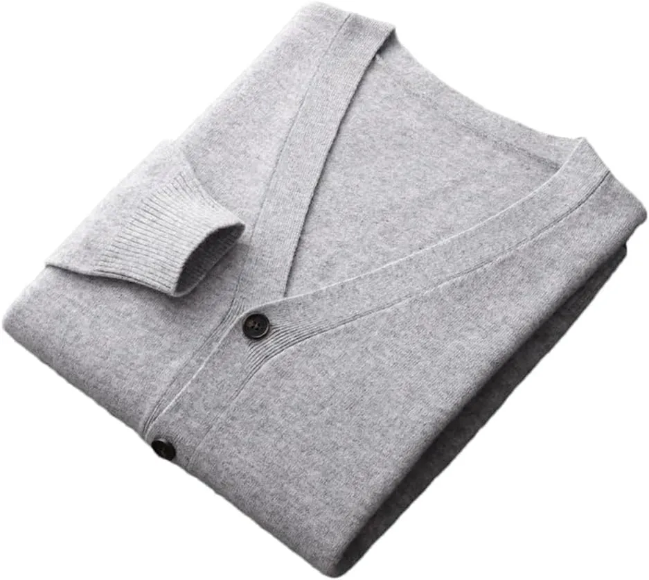 100% Merino Wool V Neck Sweater Coat Men's Solid Color Business Casual Cardigans Button Jumper