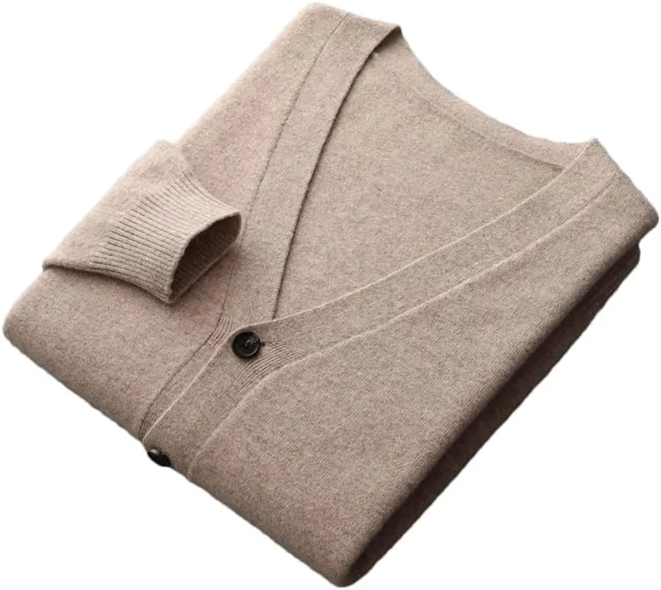 100% Merino Wool V Neck Sweater Coat Men's Solid Color Business Casual Cardigans Button Jumper