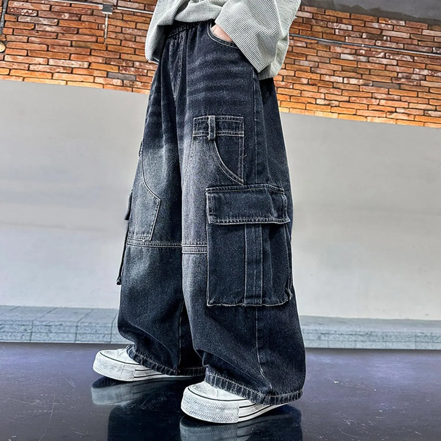 Boys Wide Leg Jeans Baggy Cargo Pants with Multipack Pockets Kids Jeans Elastic Waist Casual Demin Pants