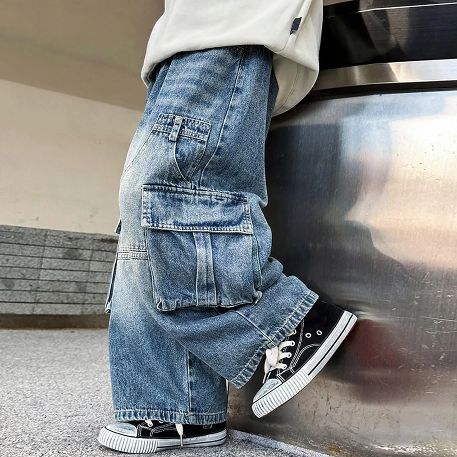 Boys Wide Leg Jeans Baggy Cargo Pants with Multipack Pockets Kids Jeans Elastic Waist Casual Demin Pants
