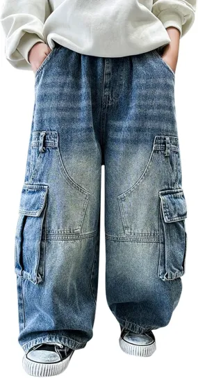 Boys Wide Leg Jeans Baggy Cargo Pants with Multipack Pockets Kids Jeans Elastic Waist Casual Demin Pants