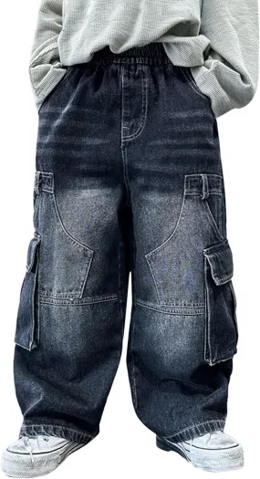 Boys Wide Leg Jeans Baggy Cargo Pants with Multipack Pockets Kids Jeans Elastic Waist Casual Demin Pants