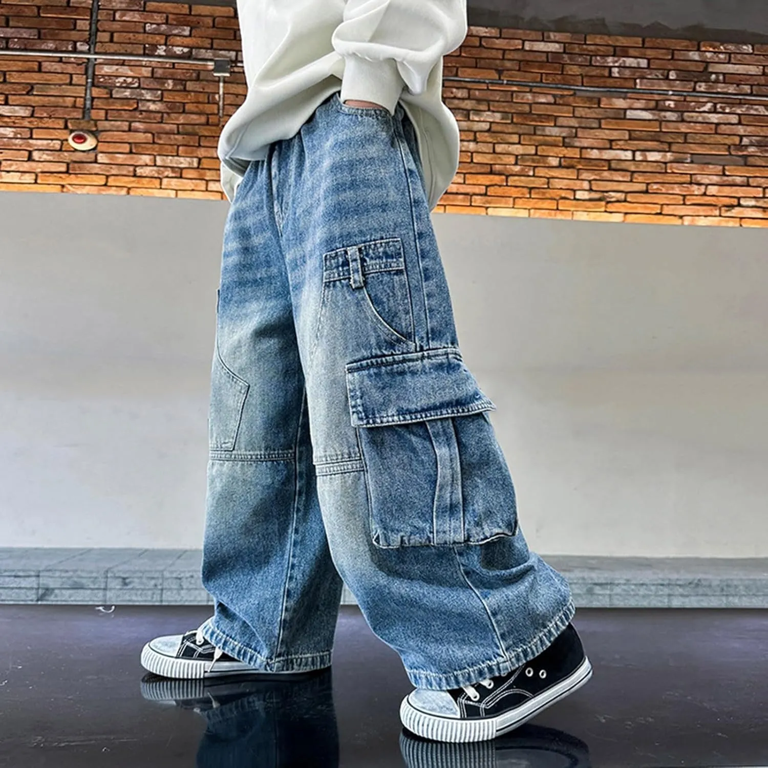 Boys Wide Leg Jeans Baggy Cargo Pants with Multipack Pockets Kids Jeans Elastic Waist Casual Demin Pants