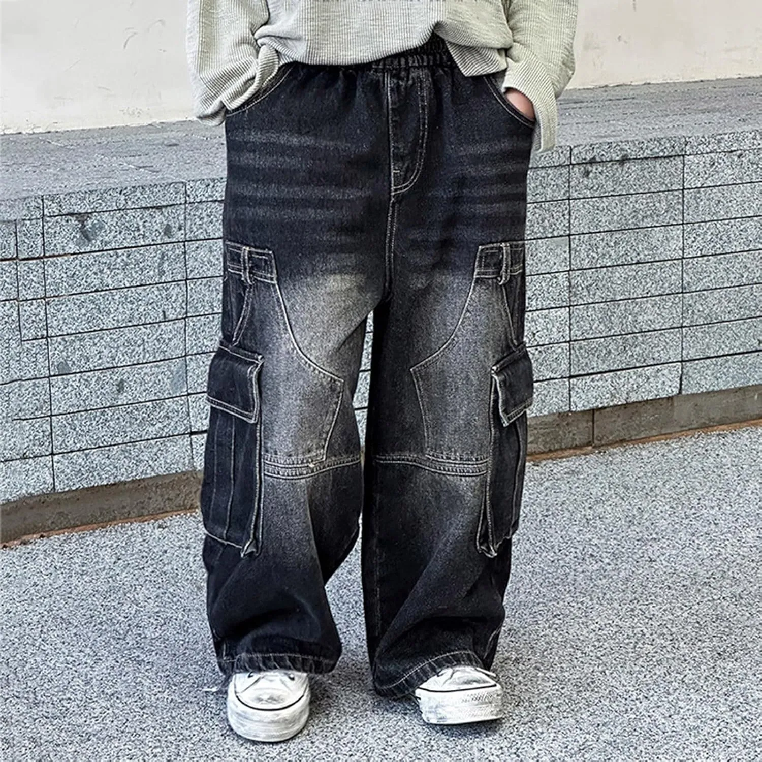 Boys Wide Leg Jeans Baggy Cargo Pants with Multipack Pockets Kids Jeans Elastic Waist Casual Demin Pants