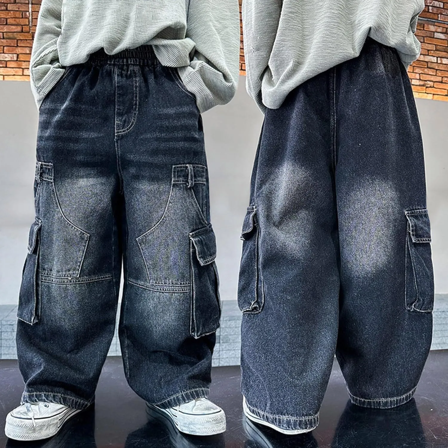 Boys Wide Leg Jeans Baggy Cargo Pants with Multipack Pockets Kids Jeans Elastic Waist Casual Demin Pants