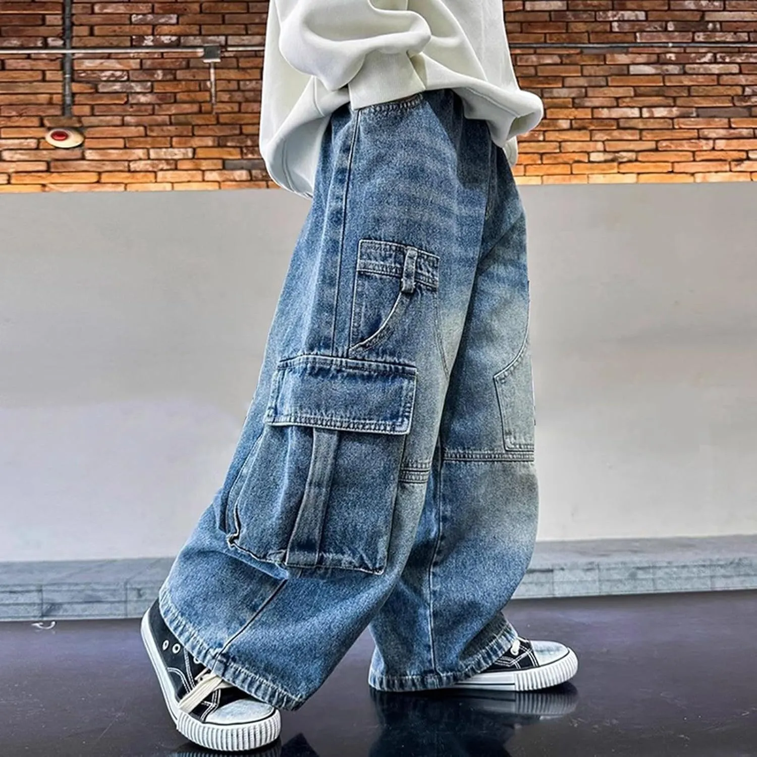 Boys Wide Leg Jeans Baggy Cargo Pants with Multipack Pockets Kids Jeans Elastic Waist Casual Demin Pants