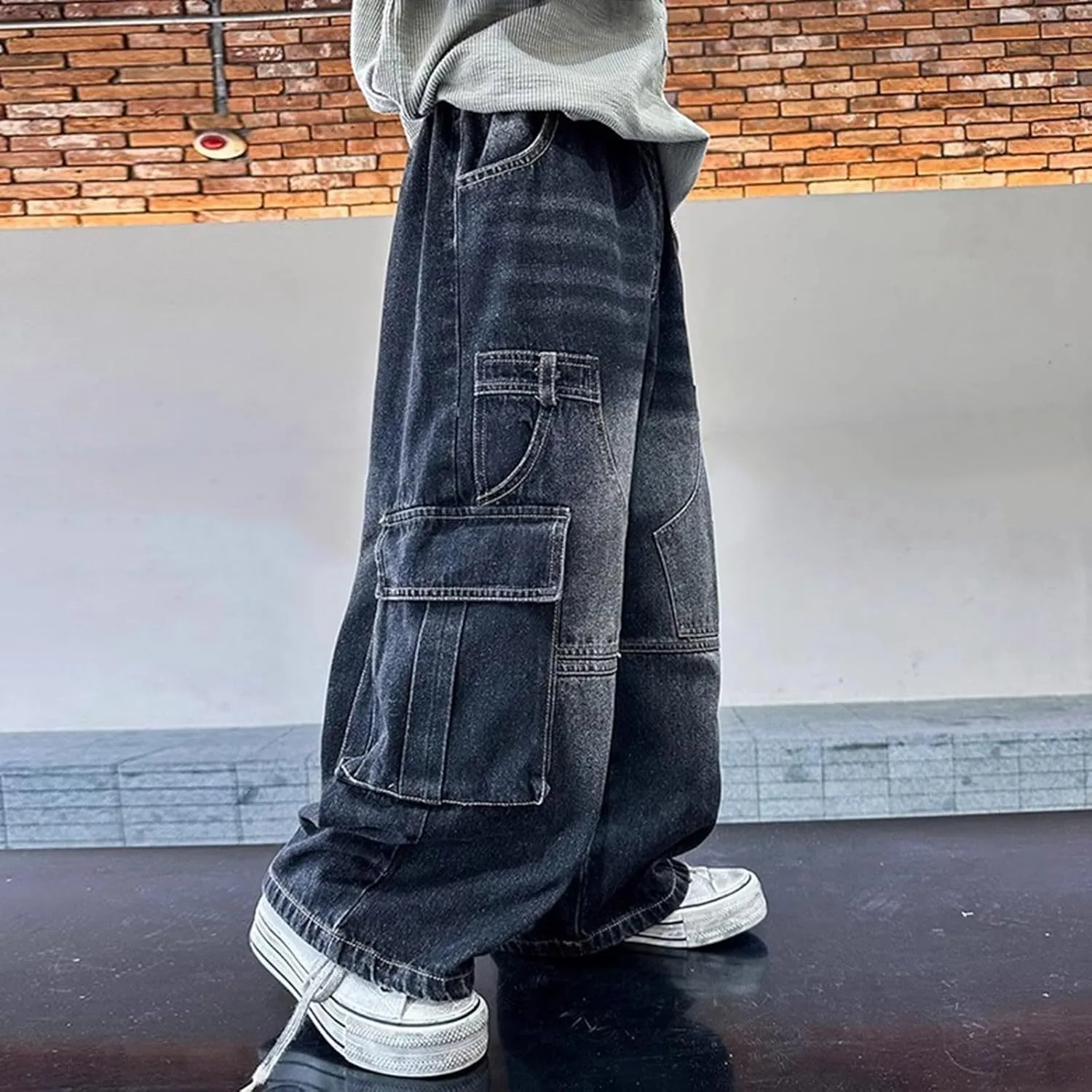 Boys Wide Leg Jeans Baggy Cargo Pants with Multipack Pockets Kids Jeans Elastic Waist Casual Demin Pants