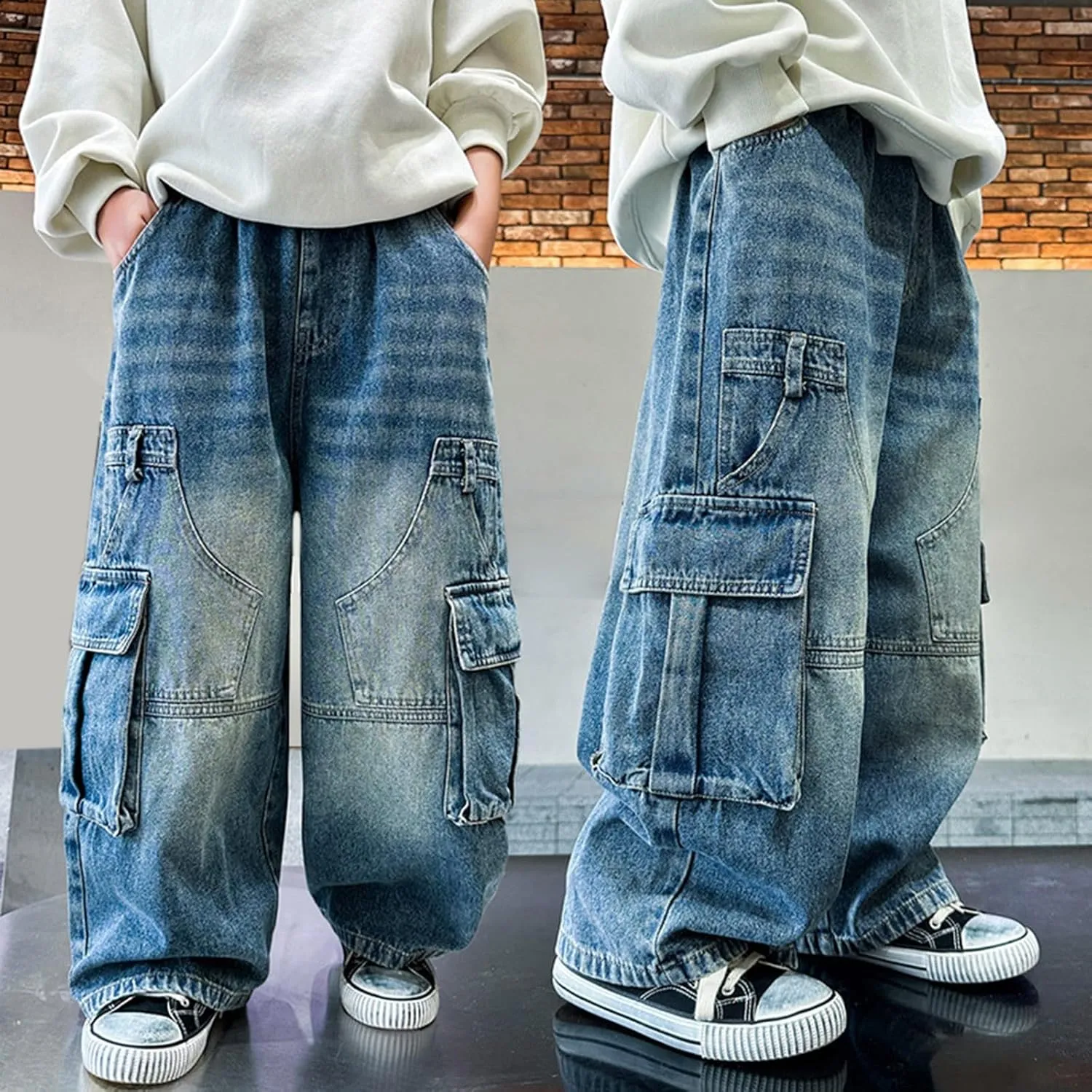 Boys Wide Leg Jeans Baggy Cargo Pants with Multipack Pockets Kids Jeans Elastic Waist Casual Demin Pants