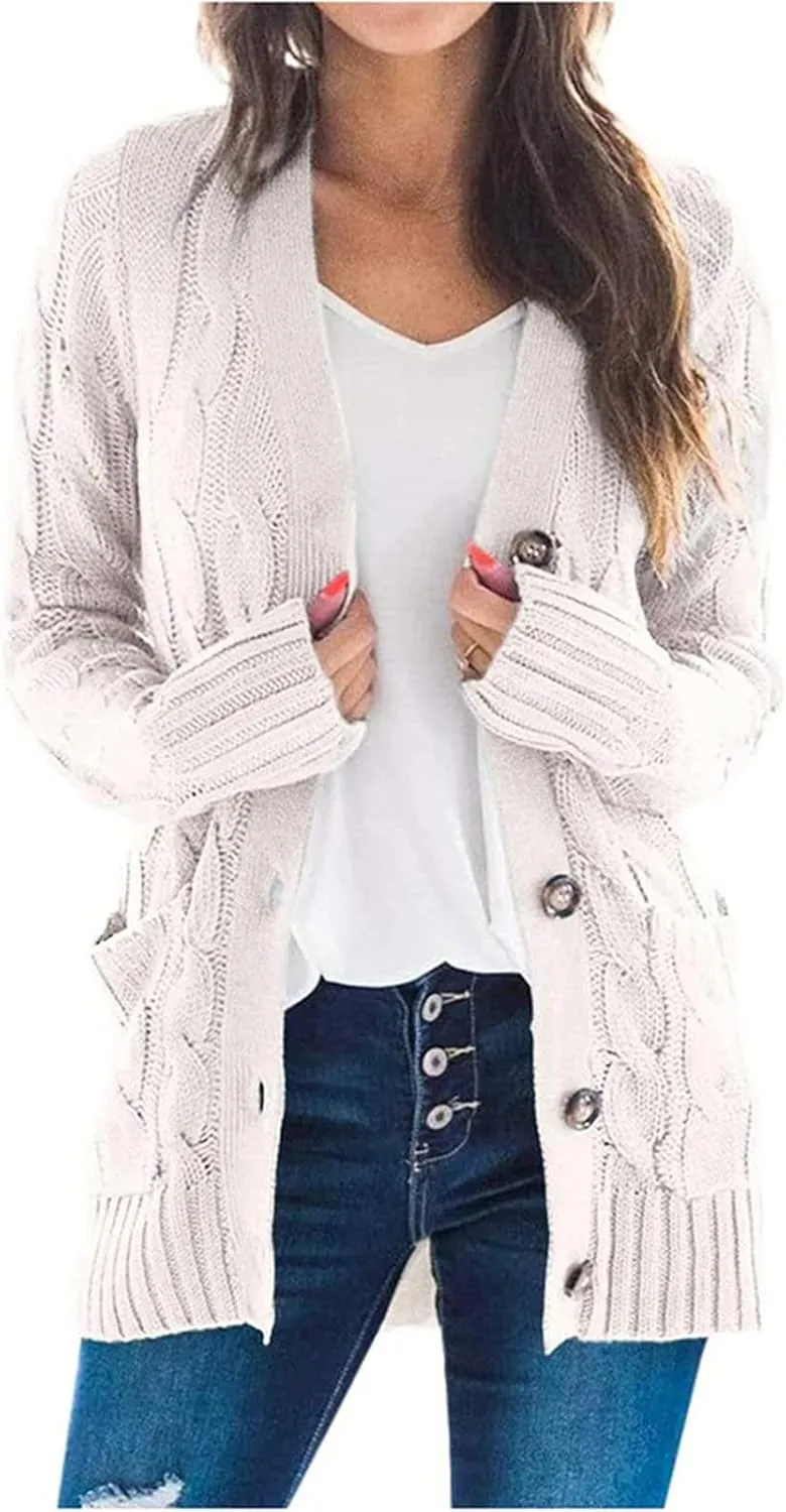 Cardigan Sweaters for Women 2024 Fall Button Down Open Front Cardigan Knit Chunky Sweater Outwear Coats with Pockets