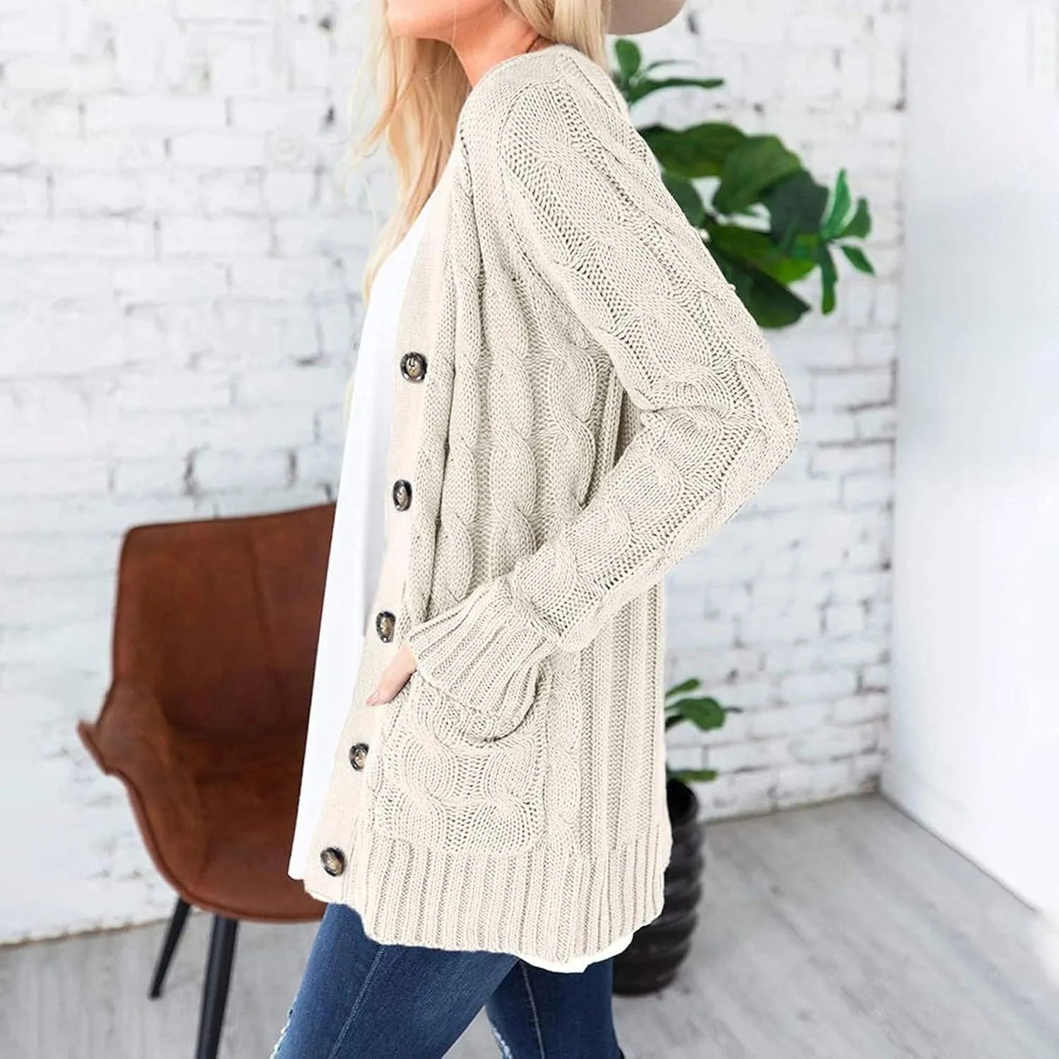 Cardigan Sweaters for Women 2024 Fall Button Down Open Front Cardigan Knit Chunky Sweater Outwear Coats with Pockets