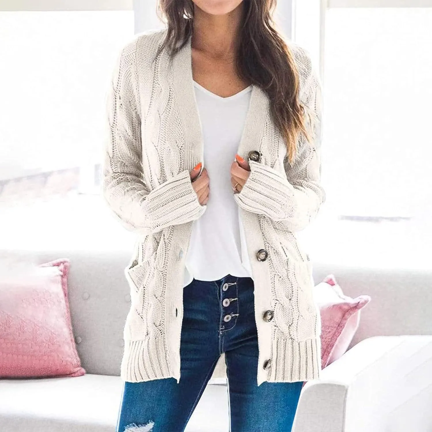 Cardigan Sweaters for Women 2024 Fall Button Down Open Front Cardigan Knit Chunky Sweater Outwear Coats with Pockets