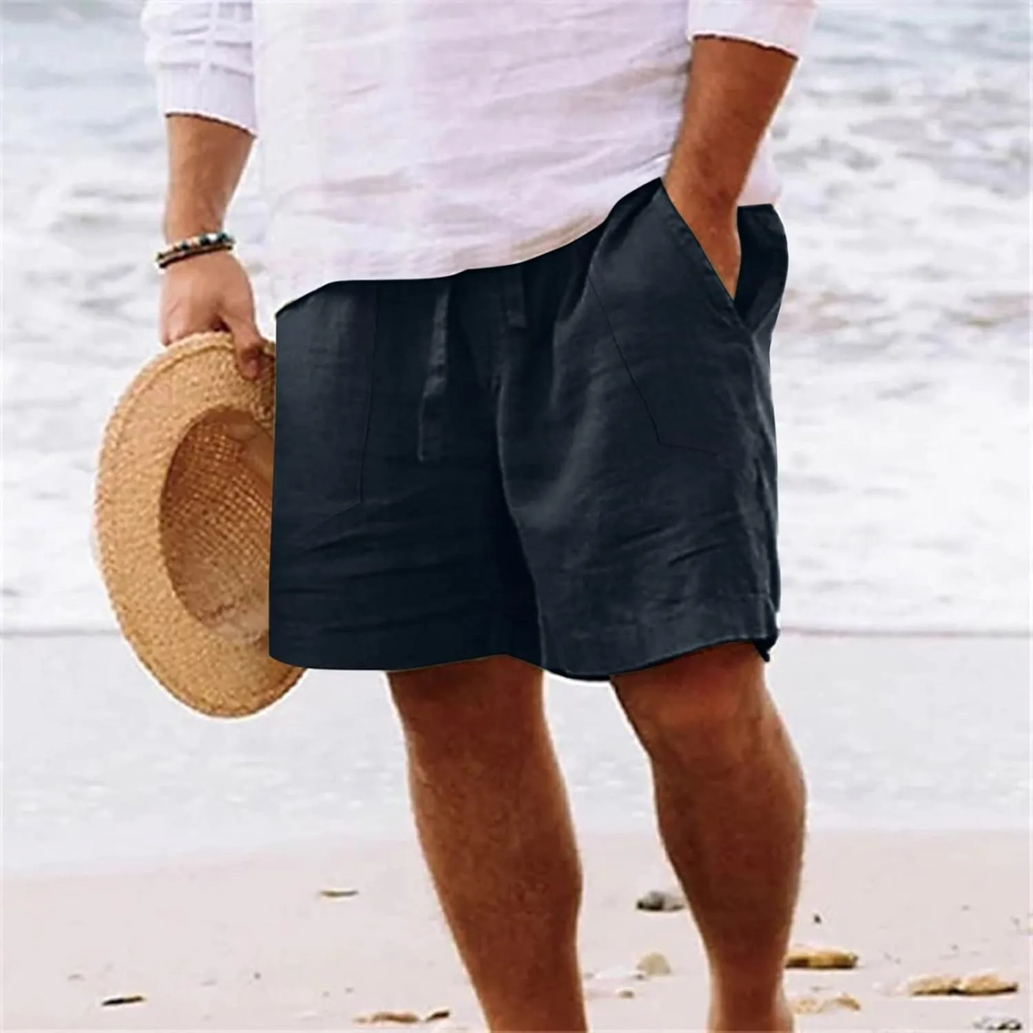 CRNTCEM Mens Lightweight Cotton Linen Shorts Drawstring Summer Travel Beach Shorts Loose Outdoor Casual Sports Golf Shorts