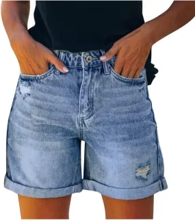 Denim Shorts Women High Waisted Ripped Folded Hem Y2K Trendy Straight Leg Long Jean Shorts