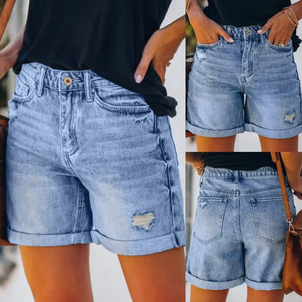Denim Shorts Women High Waisted Ripped Folded Hem Y2K Trendy Straight Leg Long Jean Shorts