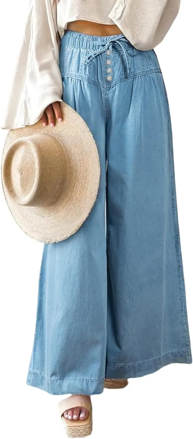 Drawstring Wide Leg Jeans for Women High Waist Elastic Waisted Baggy Y2K Pants Trendy Flare Jeans