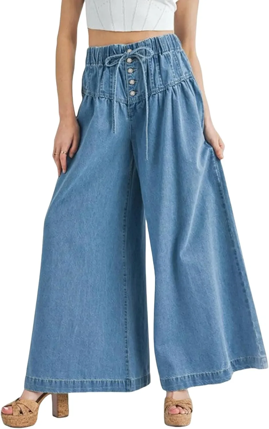 Drawstring Wide Leg Jeans for Women High Waist Elastic Waisted Baggy Y2K Pants Trendy Flare Jeans