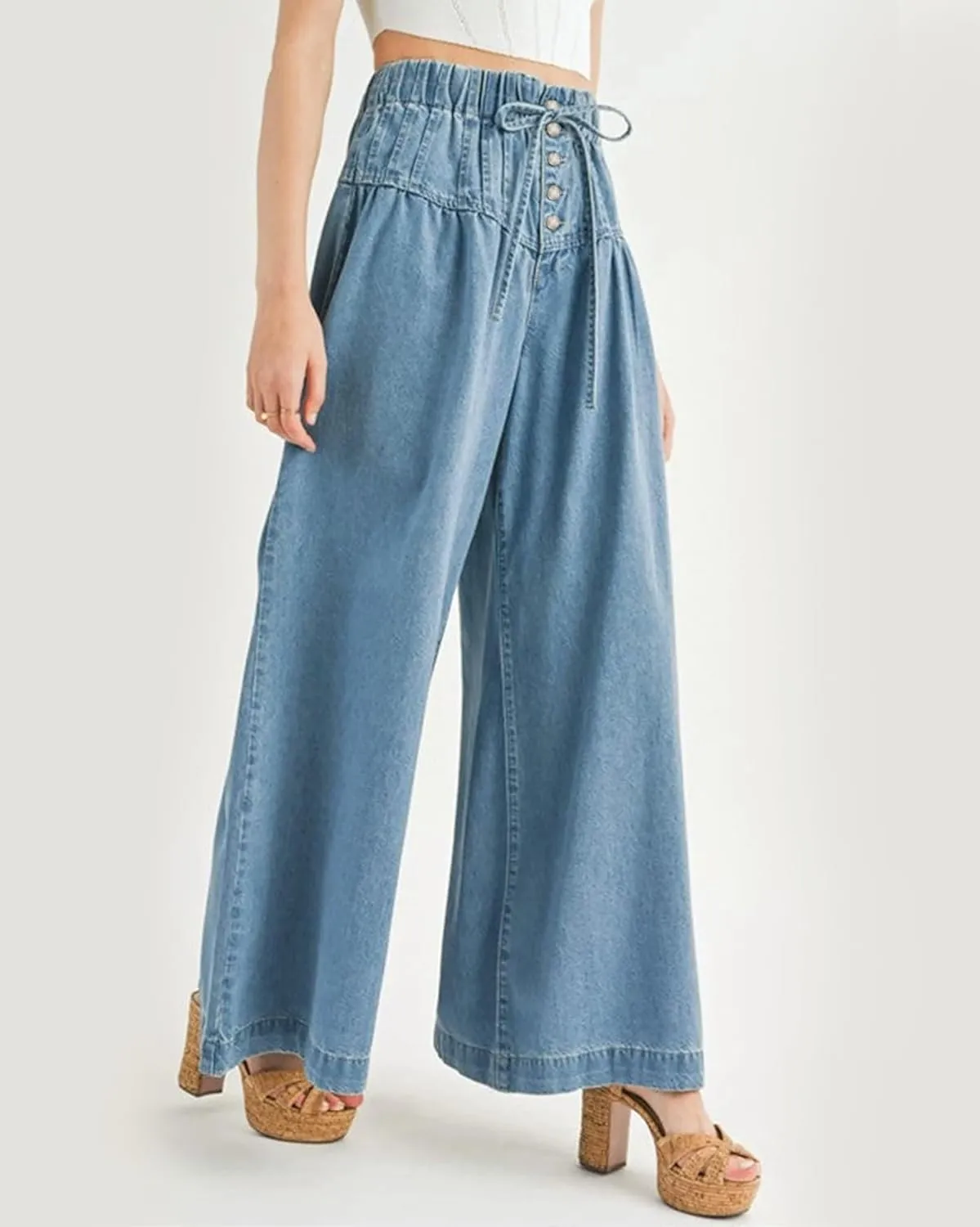 Drawstring Wide Leg Jeans for Women High Waist Elastic Waisted Baggy Y2K Pants Trendy Flare Jeans