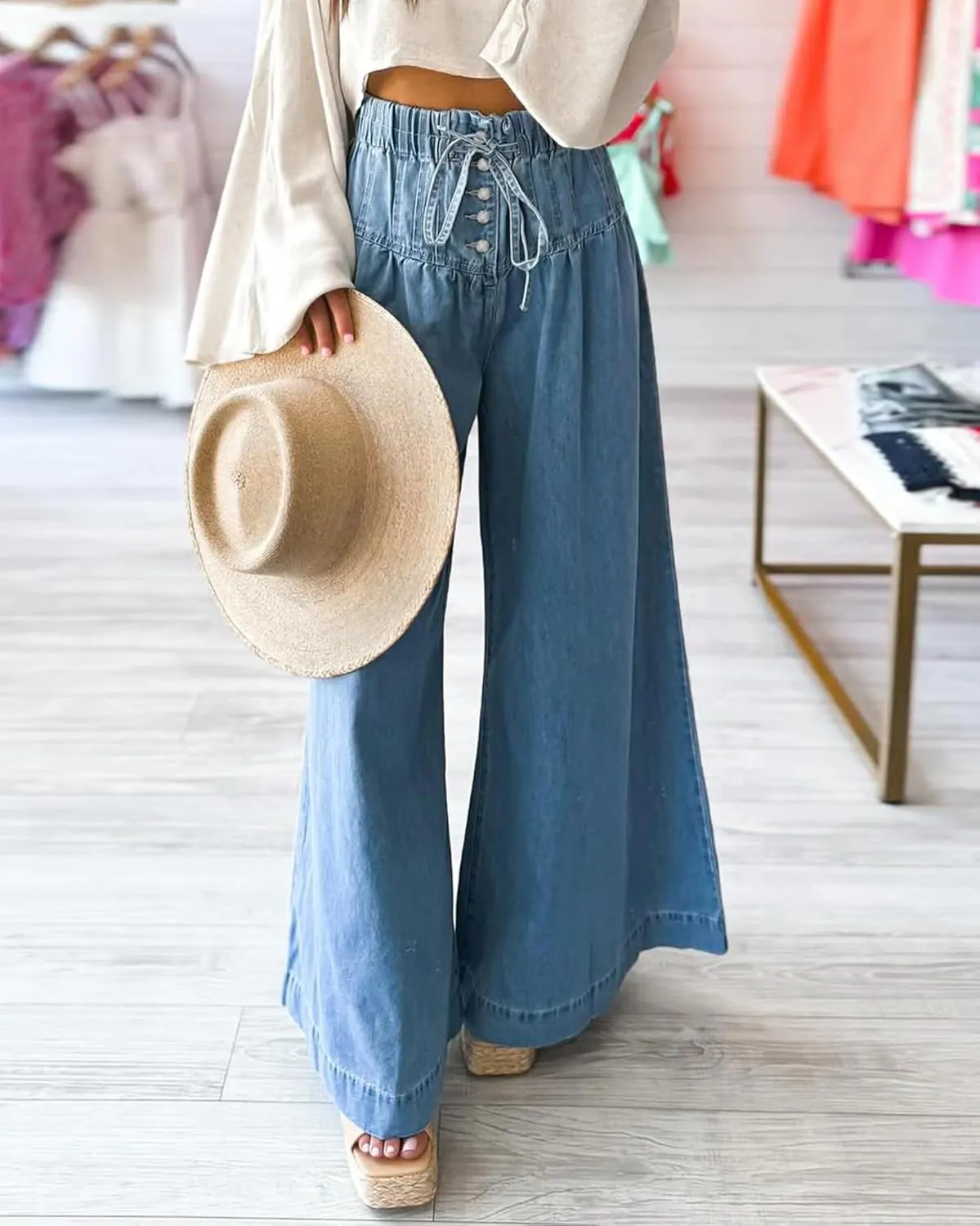 Drawstring Wide Leg Jeans for Women High Waist Elastic Waisted Baggy Y2K Pants Trendy Flare Jeans