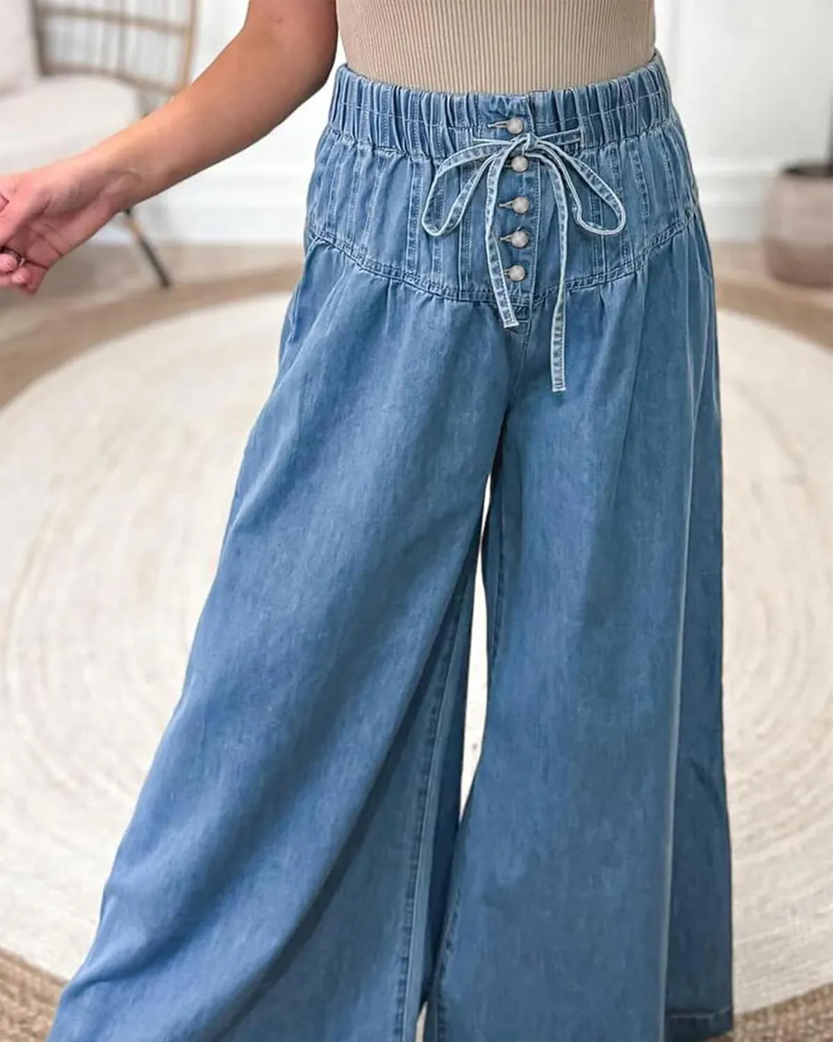 Drawstring Wide Leg Jeans for Women High Waist Elastic Waisted Baggy Y2K Pants Trendy Flare Jeans