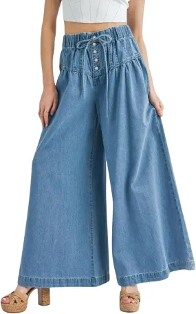 Drawstring Wide Leg Jeans for Women High Waist Elastic Waisted Baggy Y2K Pants Trendy Flare Jeans