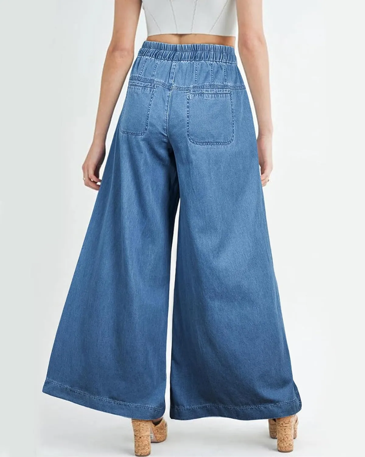 Drawstring Wide Leg Jeans for Women High Waist Elastic Waisted Baggy Y2K Pants Trendy Flare Jeans