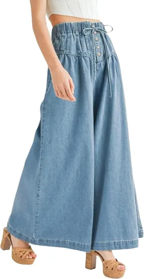 Drawstring Wide Leg Jeans for Women High Waist Elastic Waisted Baggy Y2K Pants Trendy Flare Jeans