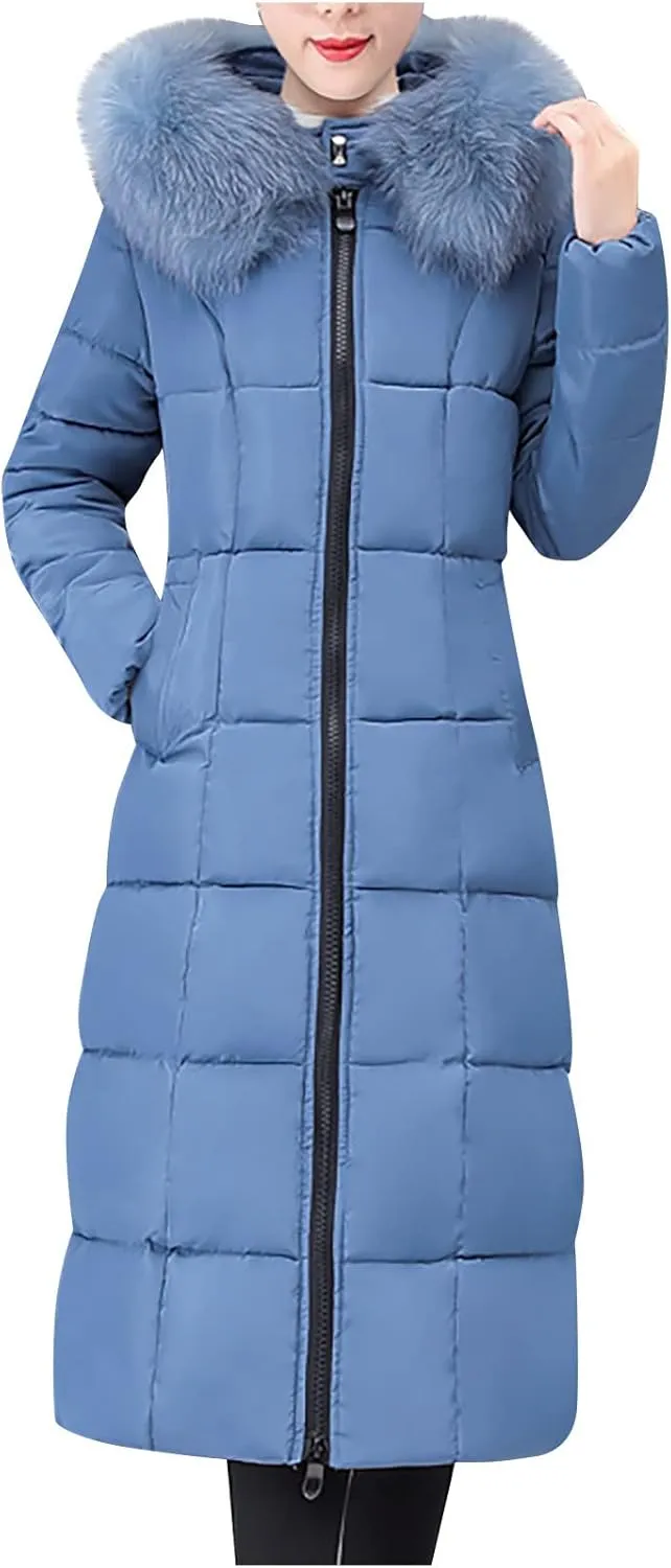 Fashion Women's Winter Coats Warm Thickened Long Down Jacket Insulated Casual Solid Puffer Jacket with Fur Hood