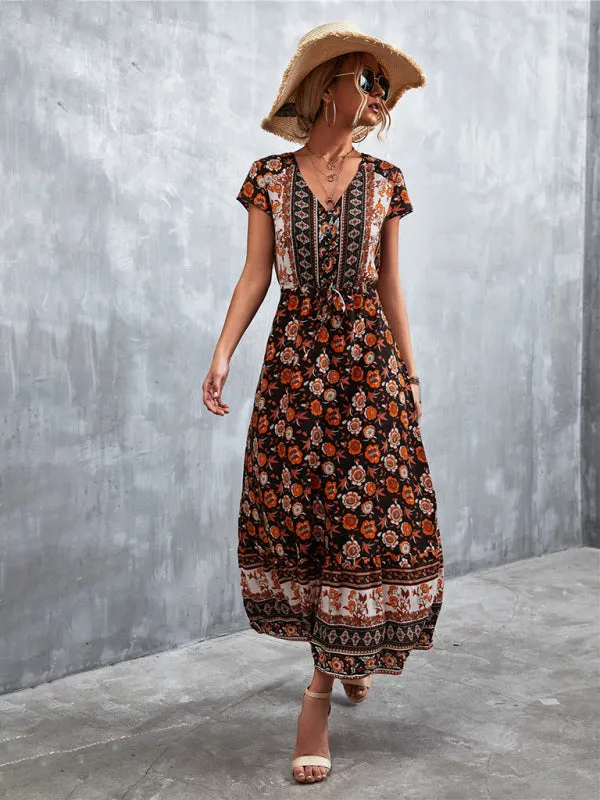 Floral V-Neck Waist Tie Ruffle Hem Midi Maxi Dress