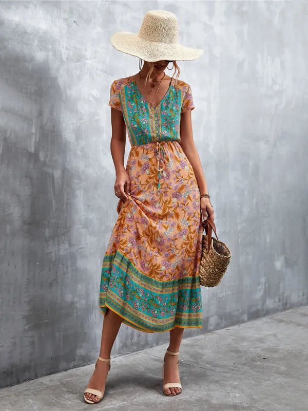 Floral V-Neck Waist Tie Ruffle Hem Midi Maxi Dress