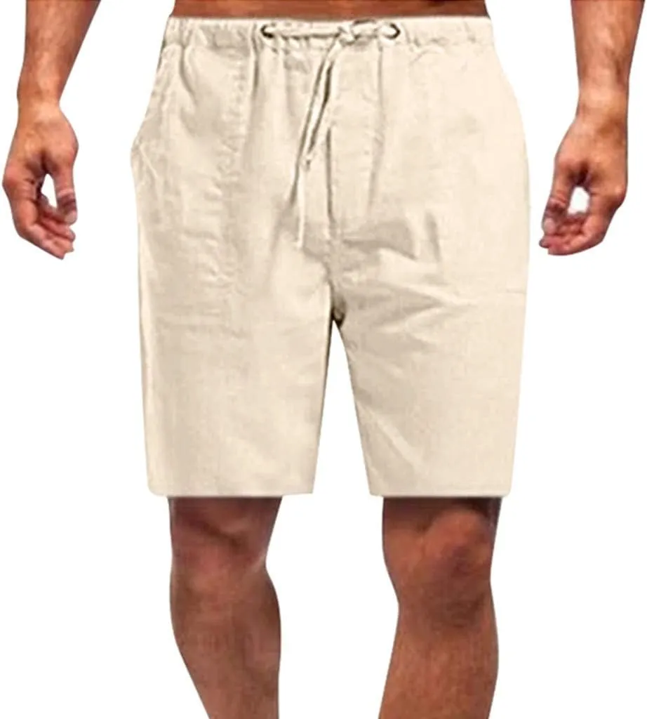 GOKKILRW Mens Cotton Linen Shorts Solid Elastic Waist Drawstring Loose Fit Shorts Casual Lightweight Boho Summer Beach Shorts