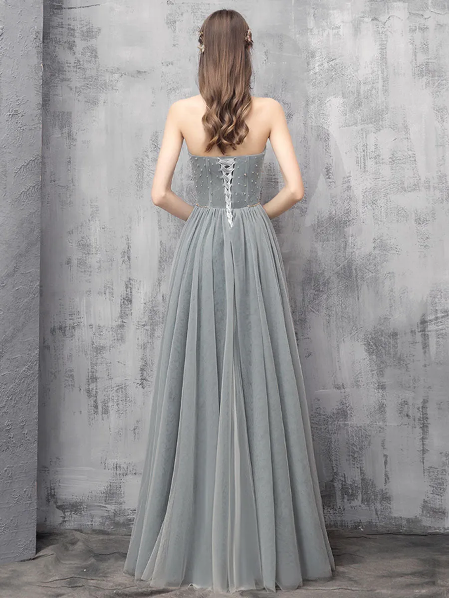 Gray A-line Tulle Long Prom Dress Gray A-line Formal Evening Dress