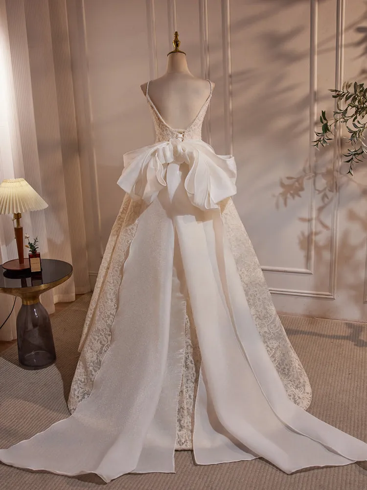 Ivory Spaghetti Straps Printed Lace V-neck Bow Tie Wedding Dress