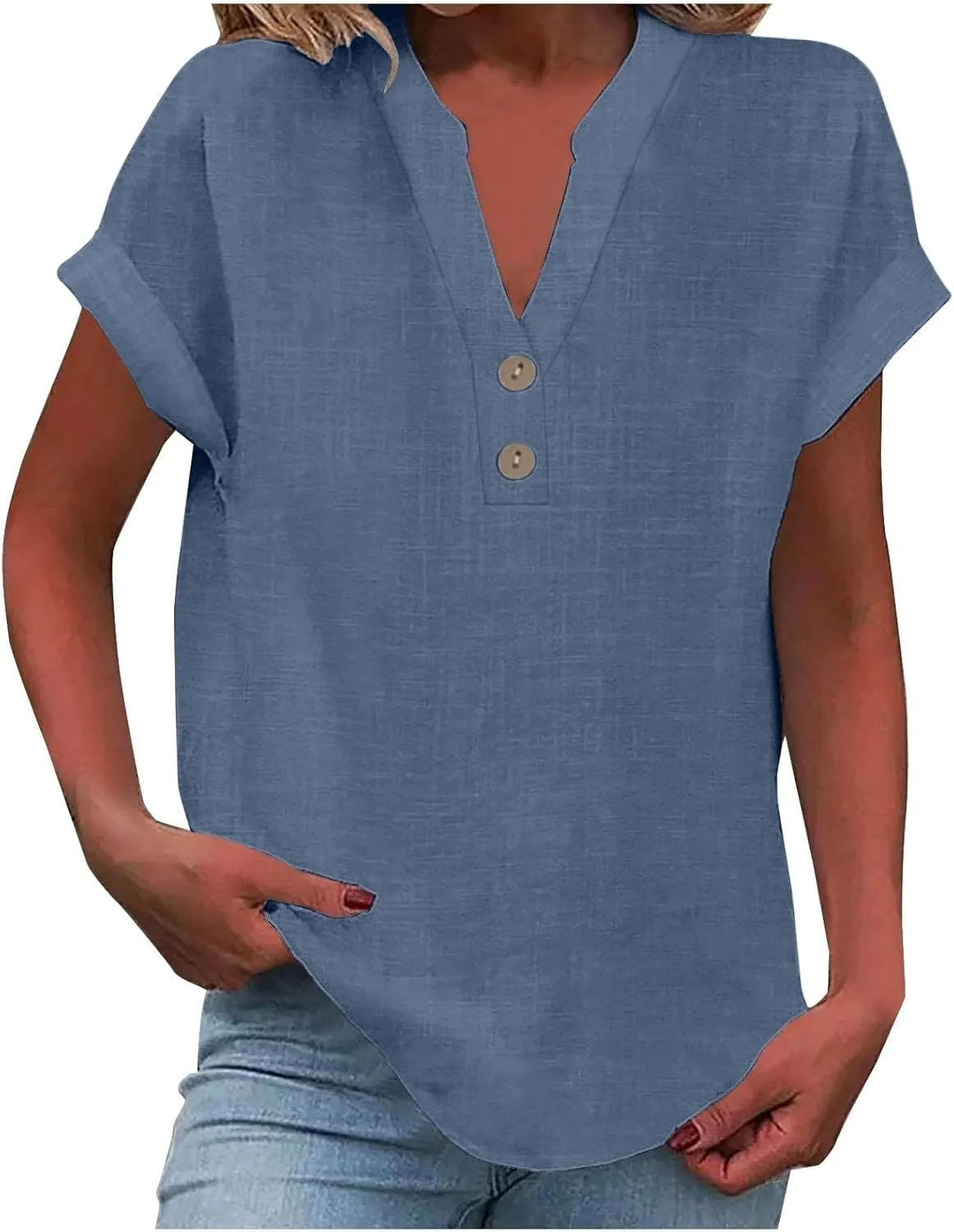 Linen Blouse for Women Plus Size Loose Fit Cotton Gauze Tops V Neck Button Down Henley Shirts Casual Solid Vacation Beach Tee