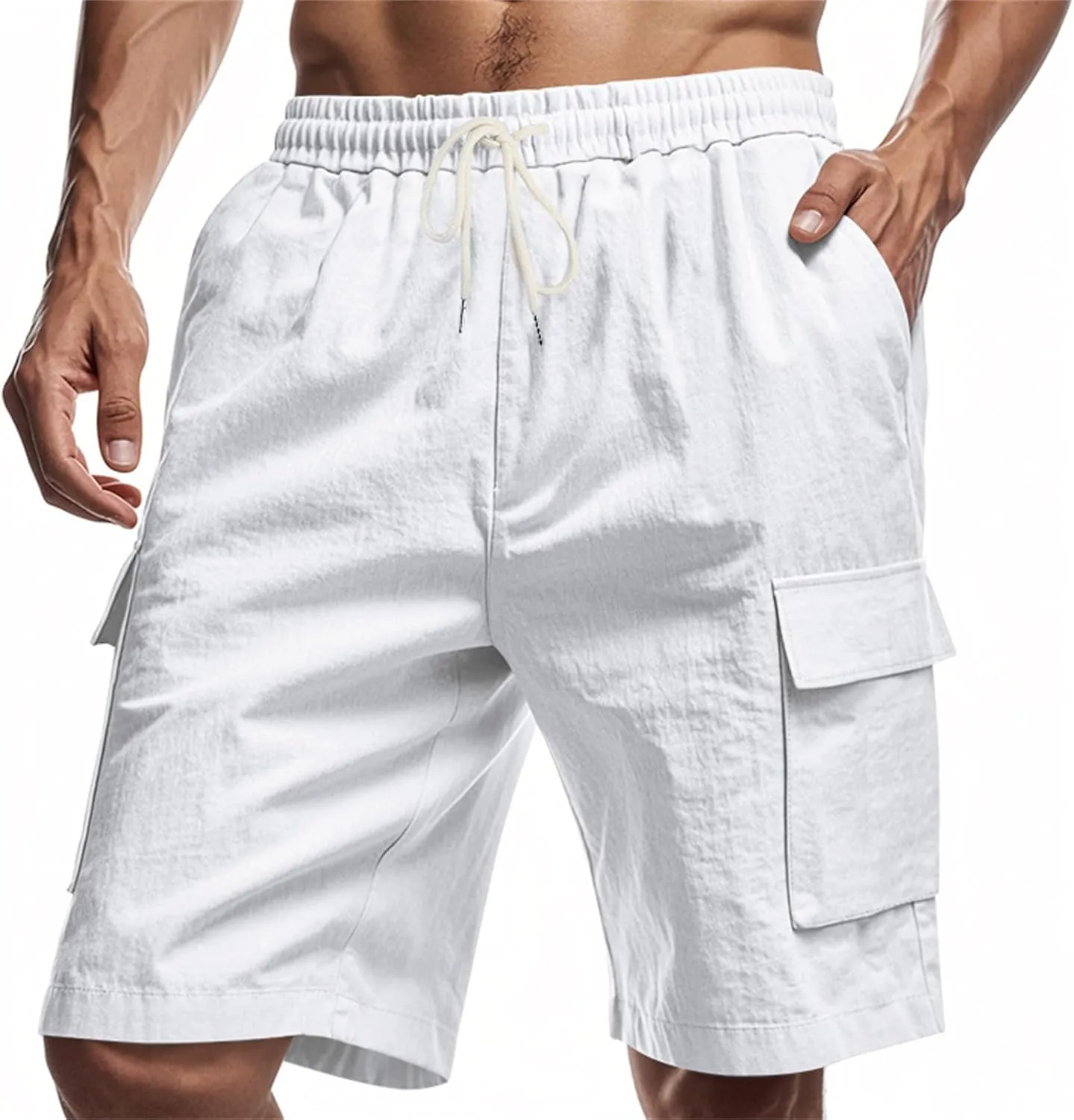 Linen Cargo Shorts for Men Baggy Elastic Waist Shorts with Pockets Lightweight Casual Summer Vacation Bermuda Short