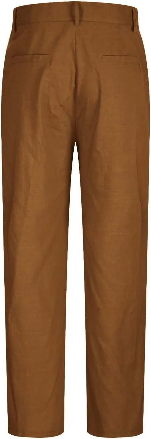 Linen Pants Men Summer Button Dress Pants Solid Color Straight Leg Beach Pants Cotton Loose Trousers with Pockets