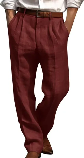 Linen Pants Men Summer Button Dress Pants Solid Color Straight Leg Beach Pants Cotton Loose Trousers with Pockets