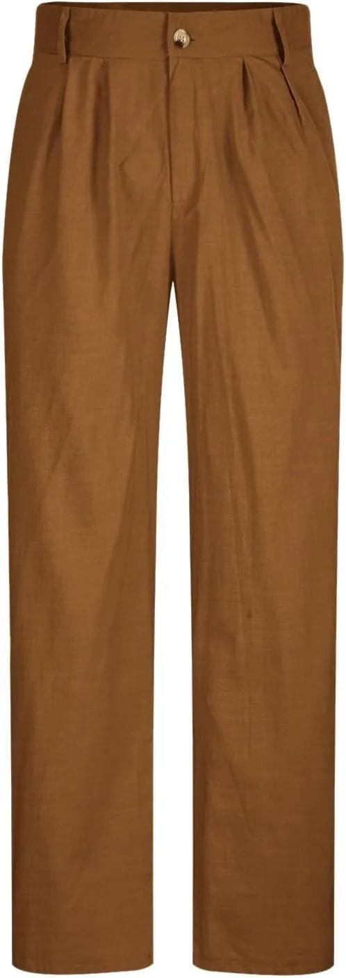 Linen Pants Men Summer Button Dress Pants Solid Color Straight Leg Beach Pants Cotton Loose Trousers with Pockets