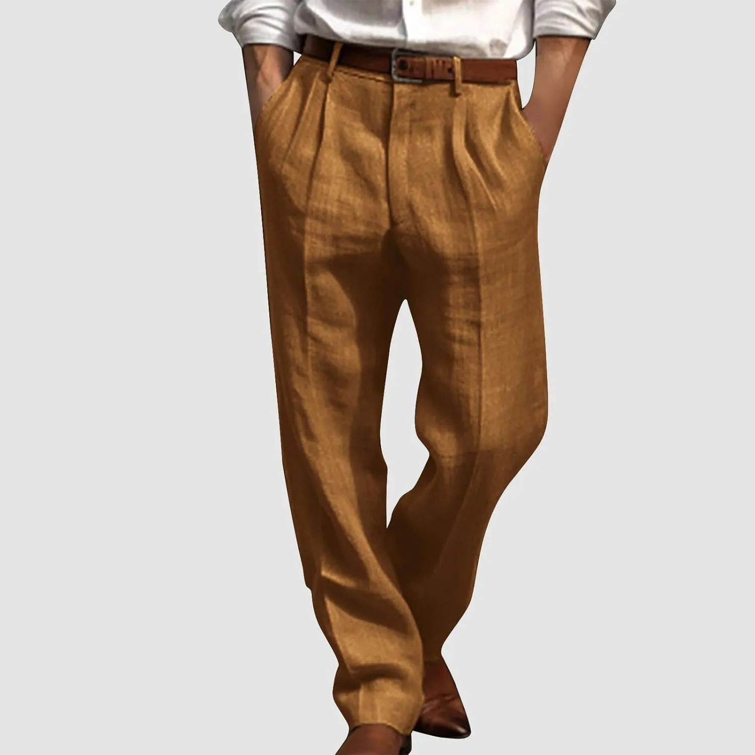 Linen Pants Men Summer Button Dress Pants Solid Color Straight Leg Beach Pants Cotton Loose Trousers with Pockets