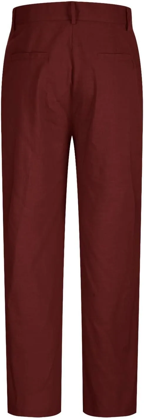 Linen Pants Men Summer Button Dress Pants Solid Color Straight Leg Beach Pants Cotton Loose Trousers with Pockets
