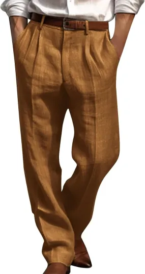 Linen Pants Men Summer Button Dress Pants Solid Color Straight Leg Beach Pants Cotton Loose Trousers with Pockets