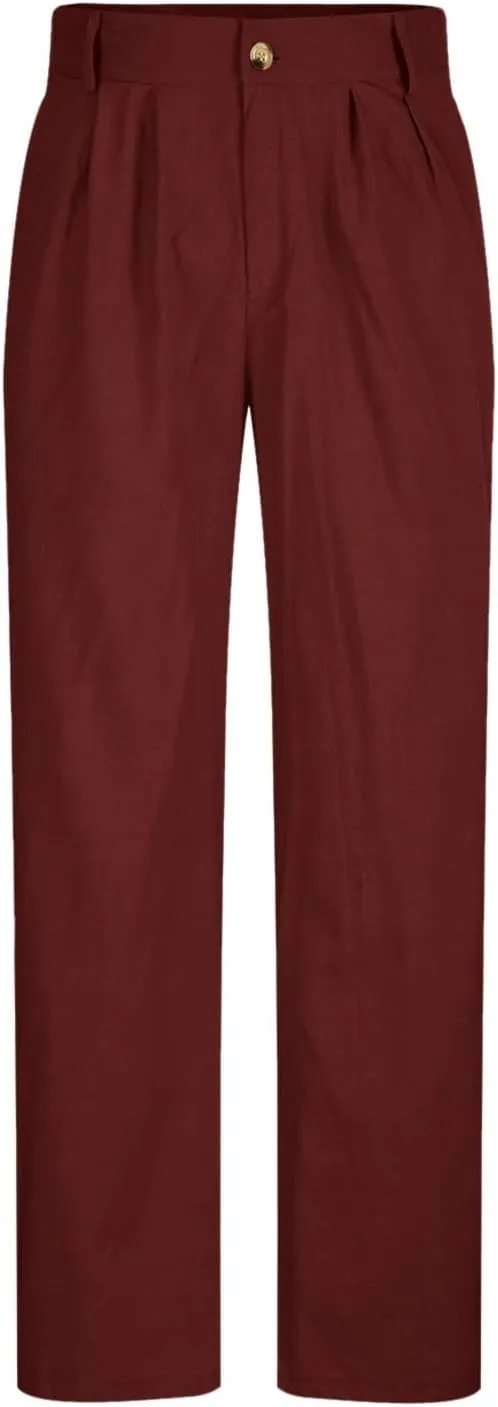 Linen Pants Men Summer Button Dress Pants Solid Color Straight Leg Beach Pants Cotton Loose Trousers with Pockets
