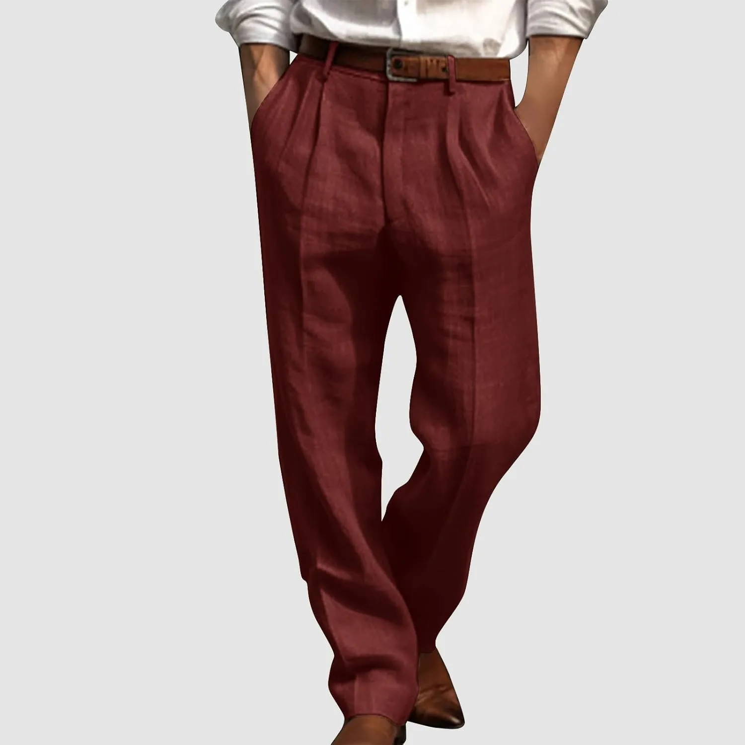Linen Pants Men Summer Button Dress Pants Solid Color Straight Leg Beach Pants Cotton Loose Trousers with Pockets