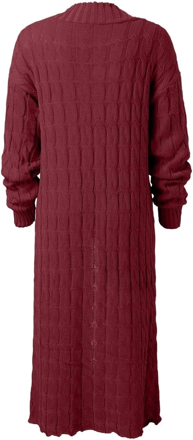 Long Cardigan for Women Long Sleeve Cable Knit Loose Plain Fall Winter Trench Coat with Pocket Ankle Length Warm Trendy