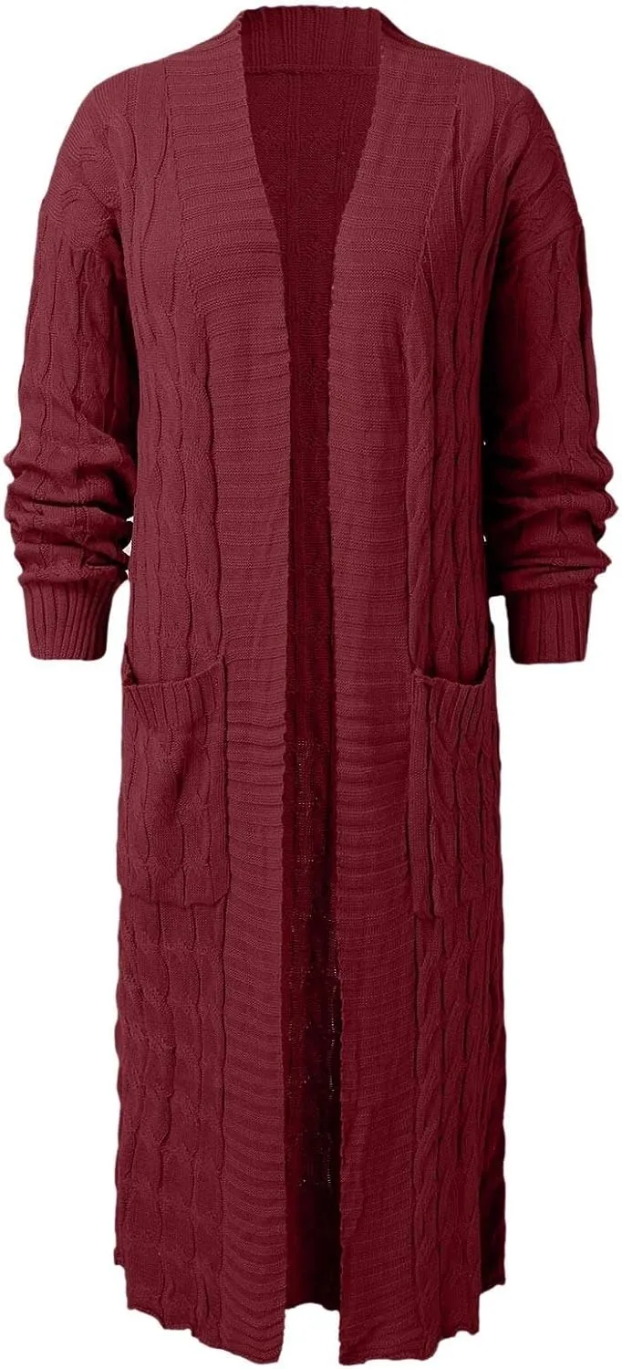 Long Cardigan for Women Long Sleeve Cable Knit Loose Plain Fall Winter Trench Coat with Pocket Ankle Length Warm Trendy