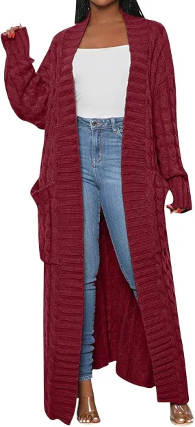 Long Cardigan for Women Long Sleeve Cable Knit Loose Plain Fall Winter Trench Coat with Pocket Ankle Length Warm Trendy