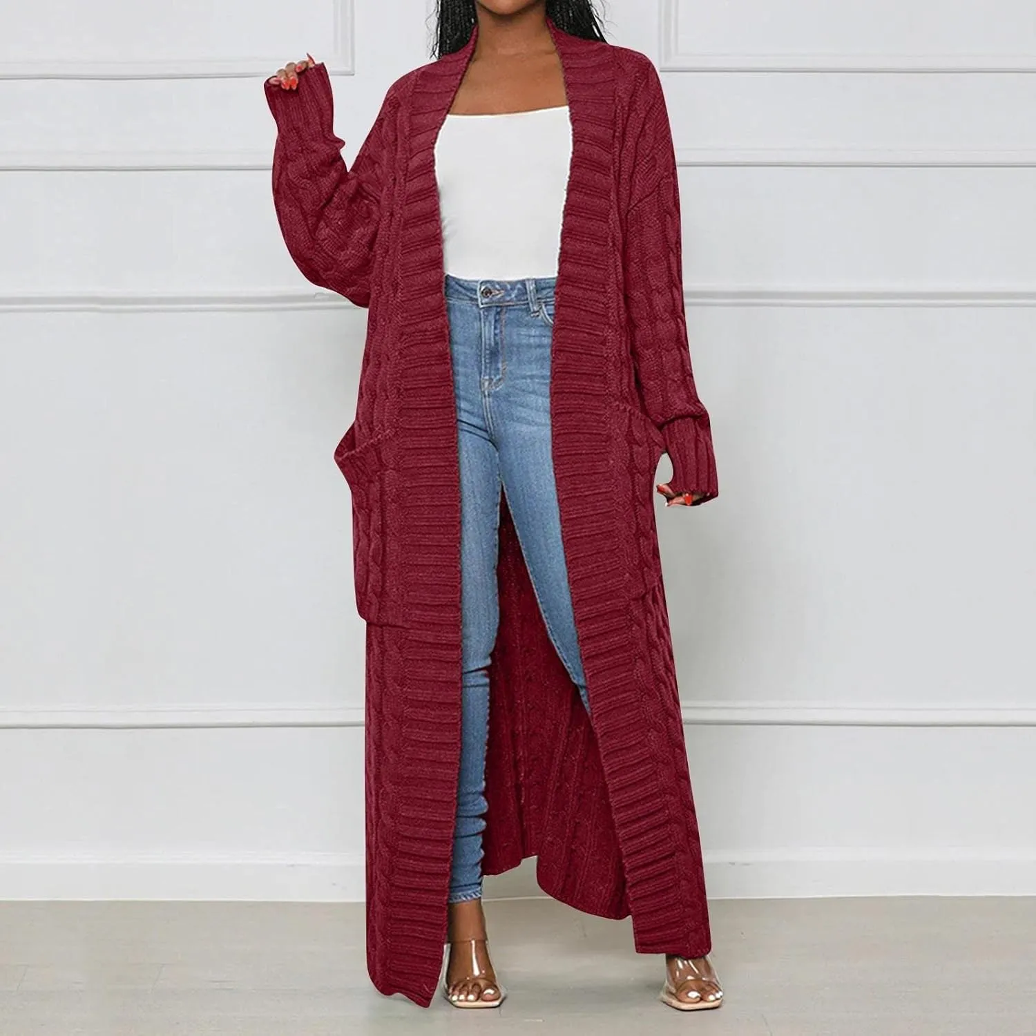 Long Cardigan for Women Long Sleeve Cable Knit Loose Plain Fall Winter Trench Coat with Pocket Ankle Length Warm Trendy