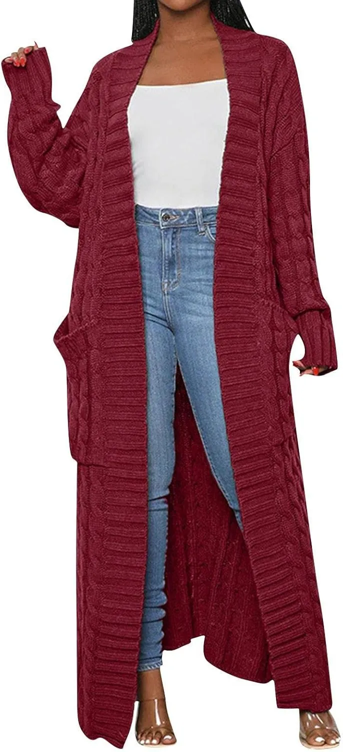 Long Cardigan for Women Long Sleeve Cable Knit Loose Plain Fall Winter Trench Coat with Pocket Ankle Length Warm Trendy