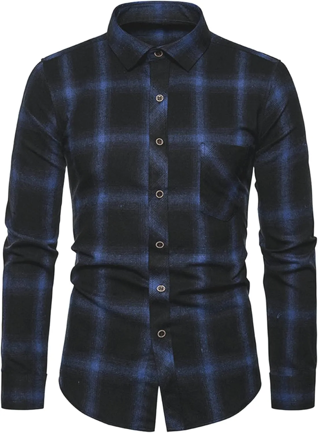 Men's Black Cotton Plaid Flannel Shirt Jacket, Long Sleeve, Point Collar, Casual, Western Style, Size Medium, XL