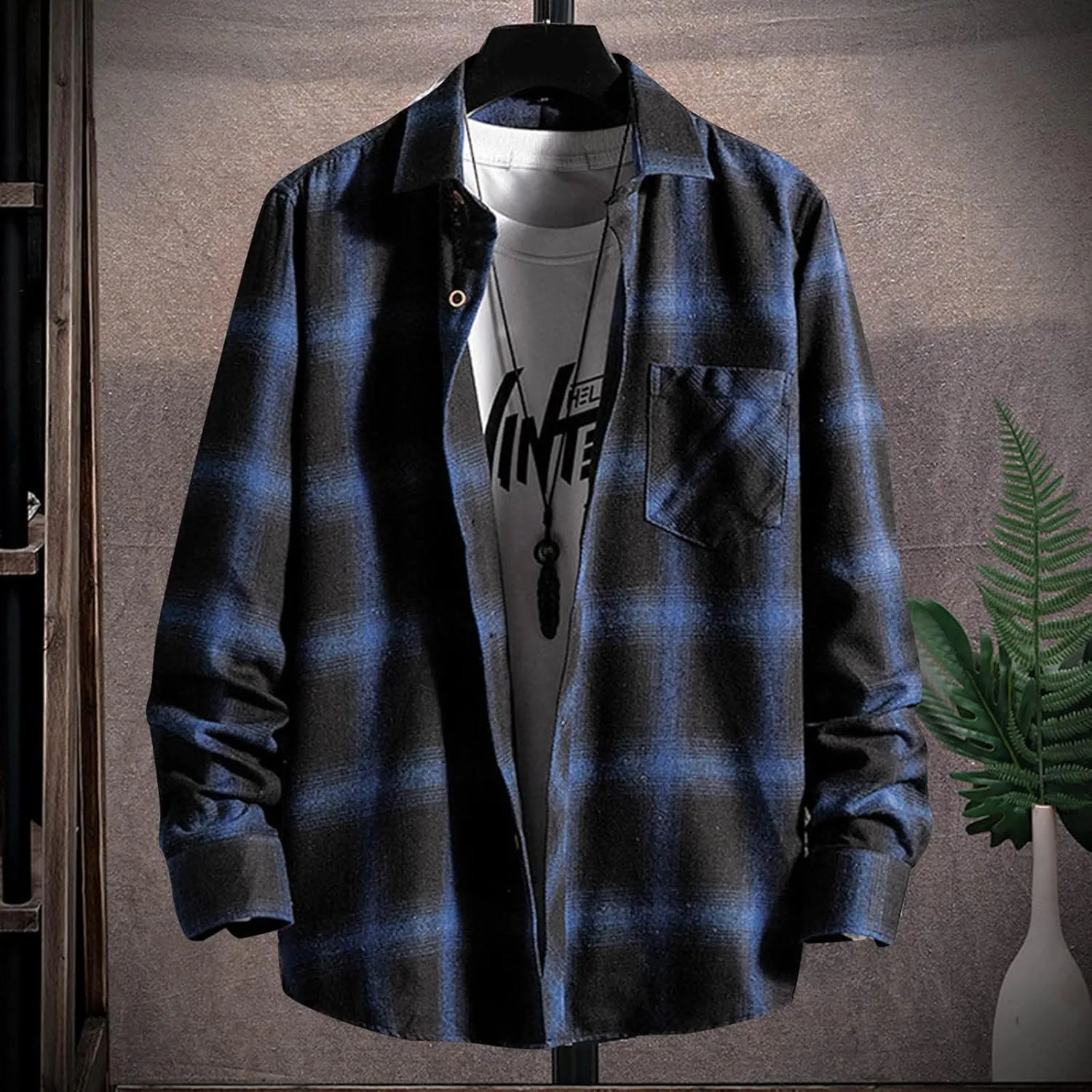 Men's Black Cotton Plaid Flannel Shirt Jacket, Long Sleeve, Point Collar, Casual, Western Style, Size Medium, XL